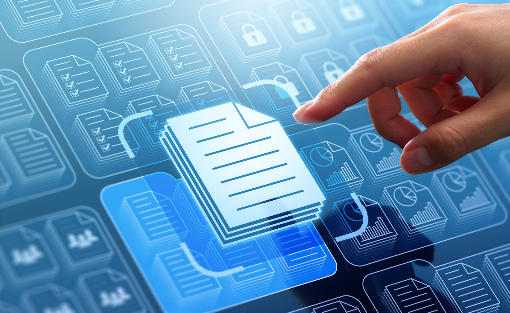 A hand interacting with a digital interface, selecting a document among various data icons, highlighting document management and data analysis.